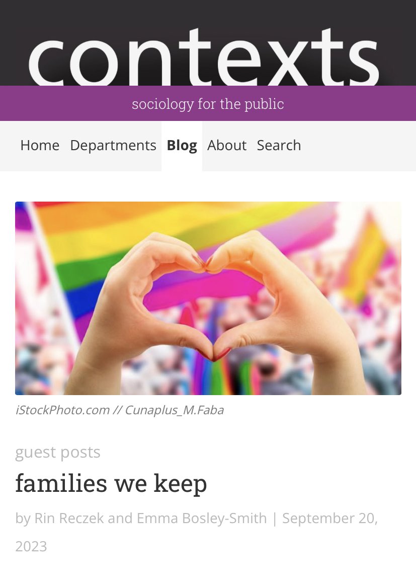 Elena G. van Stee (@elenavanstee) on Twitter photo This week on the <a href="/contextsmag/">Contexts Magazine</a> blog, @RinReczek & <a href="/bosley_smith/">Dr. Emma Bosley-Smith</a> discuss *Families We Keep*
“Families We Keep is a book about how compulsory kinship reinforces normative assumptions about the permanence of “family” by regulating and structuring choices regarding who we should This week on the <a href="/contextsmag/">Contexts Magazine</a> blog, @RinReczek & <a href="/bosley_smith/">Dr. Emma Bosley-Smith</a> discuss *Families We Keep*
“Families We Keep is a book about how compulsory kinship reinforces normative assumptions about the permanence of “family” by regulating and structuring choices regarding who we should