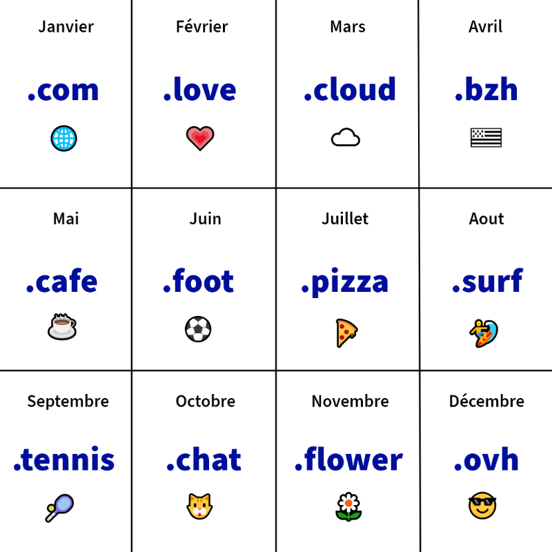 Du mal à choisir un nom de domaine ? Ton mois de naissance = ton nom de domaine chez nous !  

(PS : Gros respect si tu es né en décembre) 
(rePS : c'est pas une blague, ils sont vraiment au catalogue 😁)