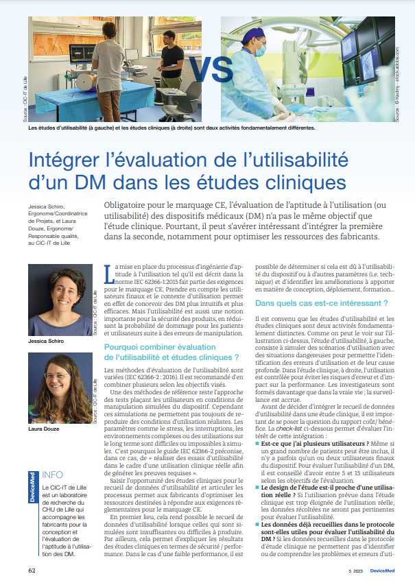 Publication d'un article du CIC-IT dans le dernier numéro de DeviceMed sur pourquoi et comment intégrer l'évaluation de l'utilisabilité d'un DM dans les études cliniques. devicemed.fr/lecteur?pid=35…