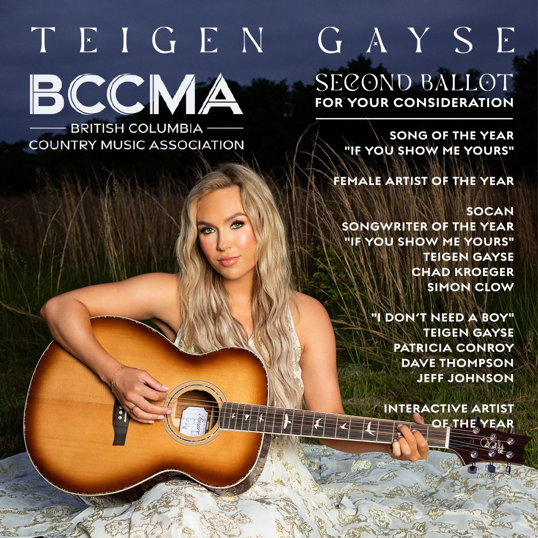 Wow, this is surreal. 🙏🏻 Thank you so much to the @BCCMA and members for voting me into the second ballot, this is amazing. BC country music is something special!!! 🫶🥰 

#BC #countrymusic #BCCMAawards