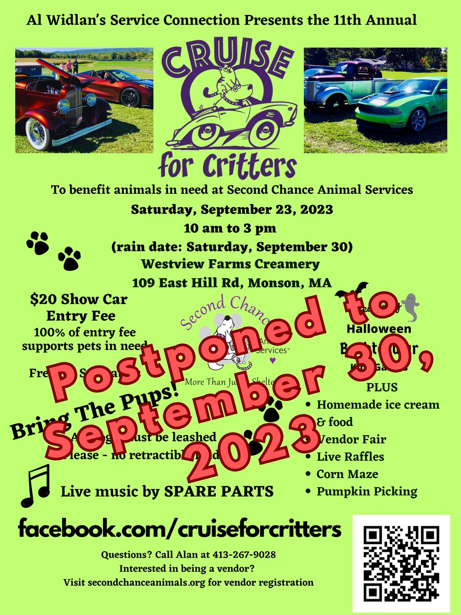 Second Chance Animal Services (@secondchanceas) on Twitter photo 🌧️🚗 IMPORTANT UPDATE: Tomorrow's Cruise for Critters at Westview Farms Creamery is postponed. New date: Saturday, September 30th (10am-3pm). Please mark your calendars and join us for a day of furry fun in support of Second Chance🐾 #CruiseForCritters #RainDate #SaveTheDate 🌧️🚗 IMPORTANT UPDATE: Tomorrow's Cruise for Critters at Westview Farms Creamery is postponed. New date: Saturday, September 30th (10am-3pm). Please mark your calendars and join us for a day of furry fun in support of Second Chance🐾 #CruiseForCritters #RainDate #SaveTheDate
