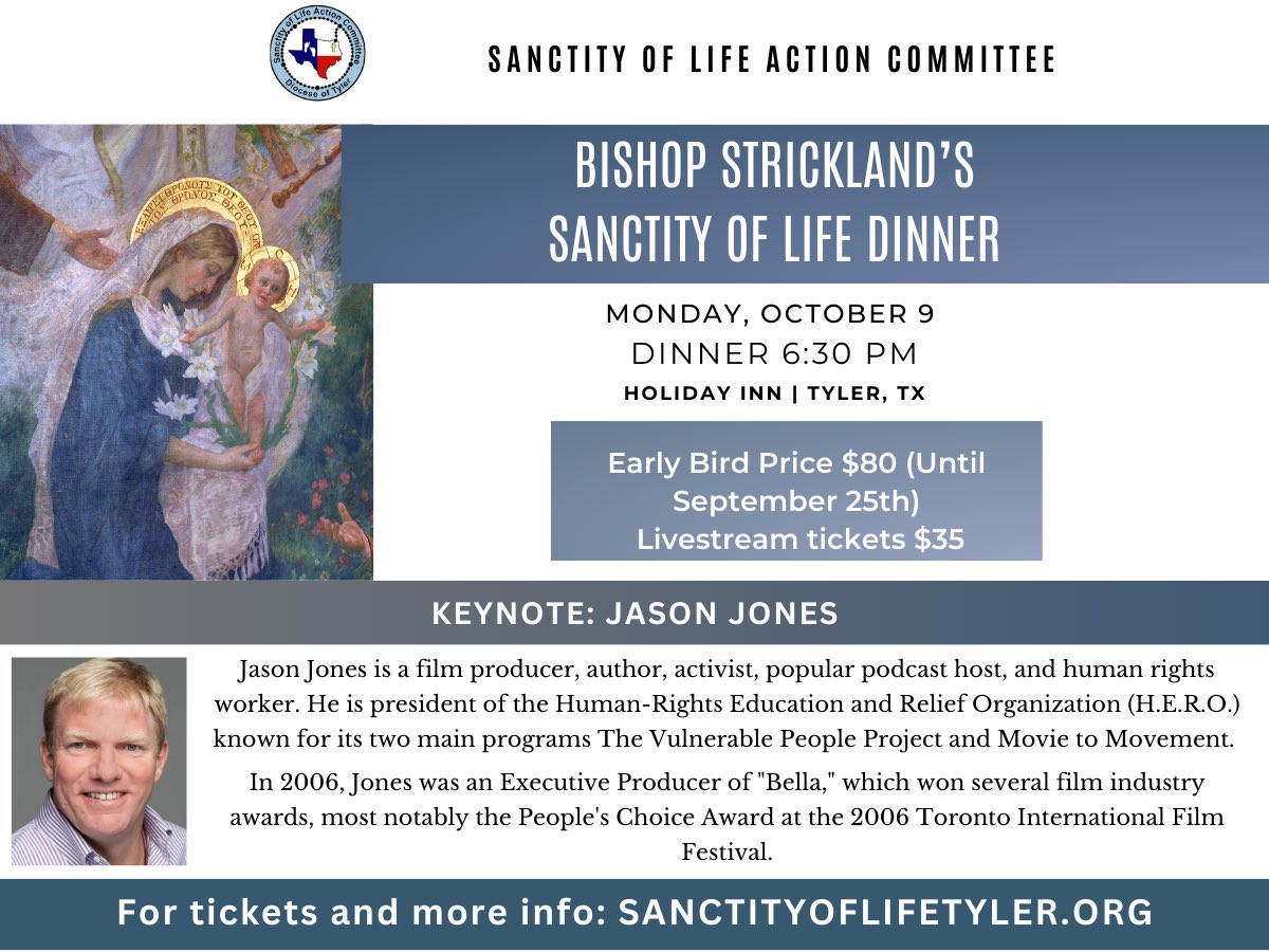 BishStrickland's tweet photo. It is a joy to invite you again to hear Jason Jones at our Sanctity of Life Banquet in Tyler, Texas on October 9. Let us continue to defend the Sanctity of the Life of the unborn &amp; other vulnerable children of God. It must become the foundation of holding every life as Sacred. https://t.co/fMaUeDtKe2