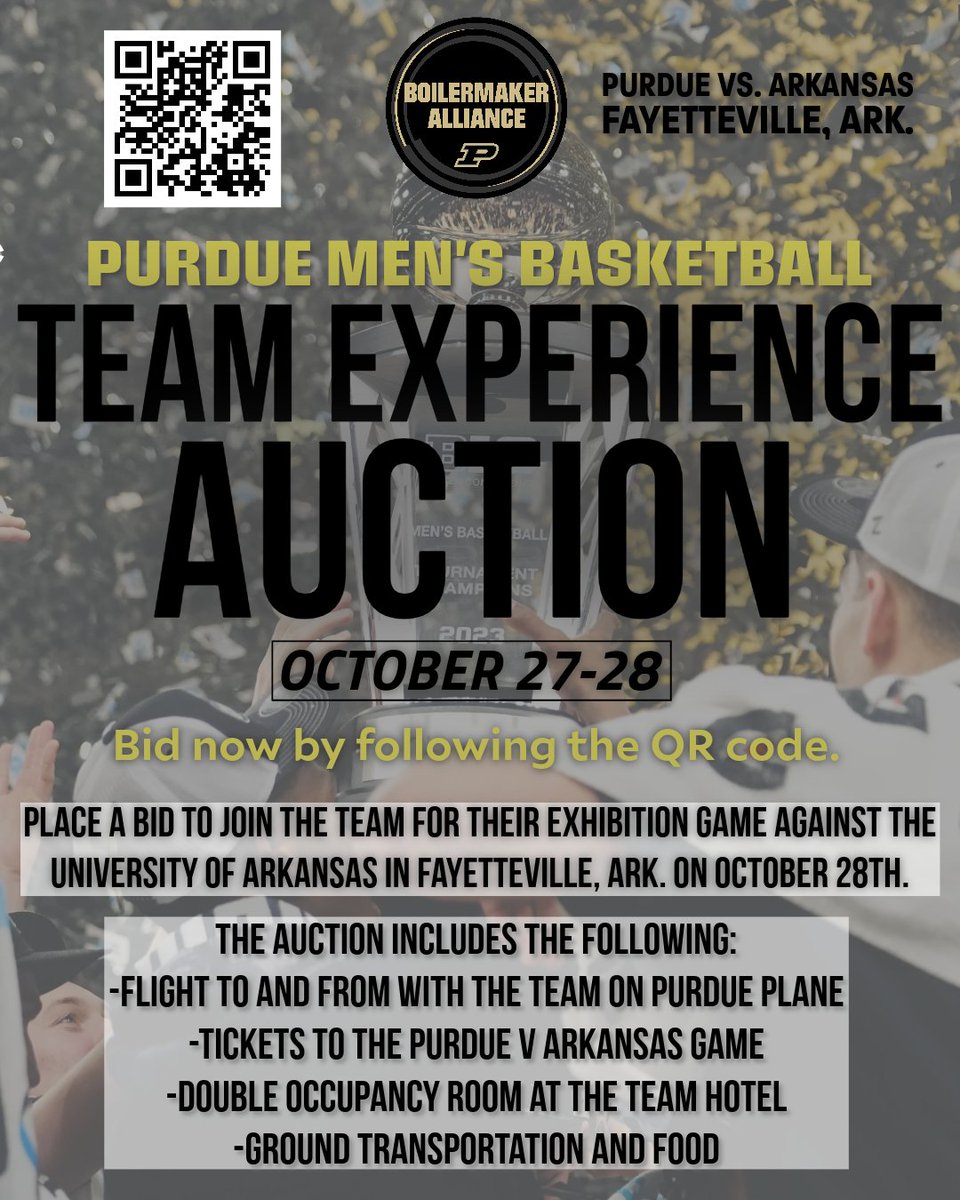 🚨🏀Join Purdue men’s basketball for a team experience the weekend of the Arkansas Exhibition game! click on the link below to bid now! Auction closes October 15th. one.bidpal.net/23babballexhib…