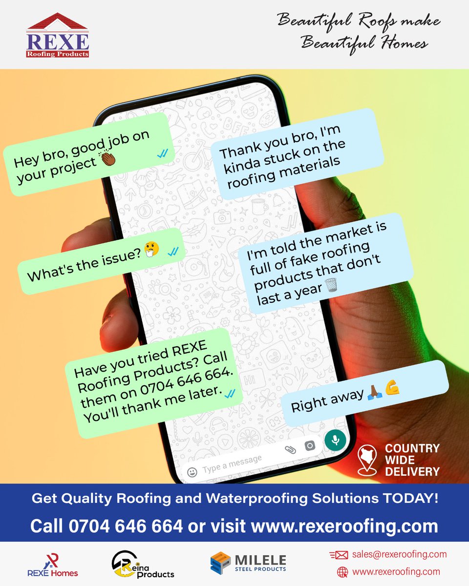 RexeRoofing's tweet photo. Get quality roofing and waterproofing solutions with GREAT DISCOUNTS and Guaranteed Country Wide Delivery
Make your order TODAY!
Call/WhatsApp: 0704 646 664 | Website: https://t.co/YVxtNKDBBv
#roofing #roofingexperts #RexeRoofing https://t.co/yLBrxmHfww