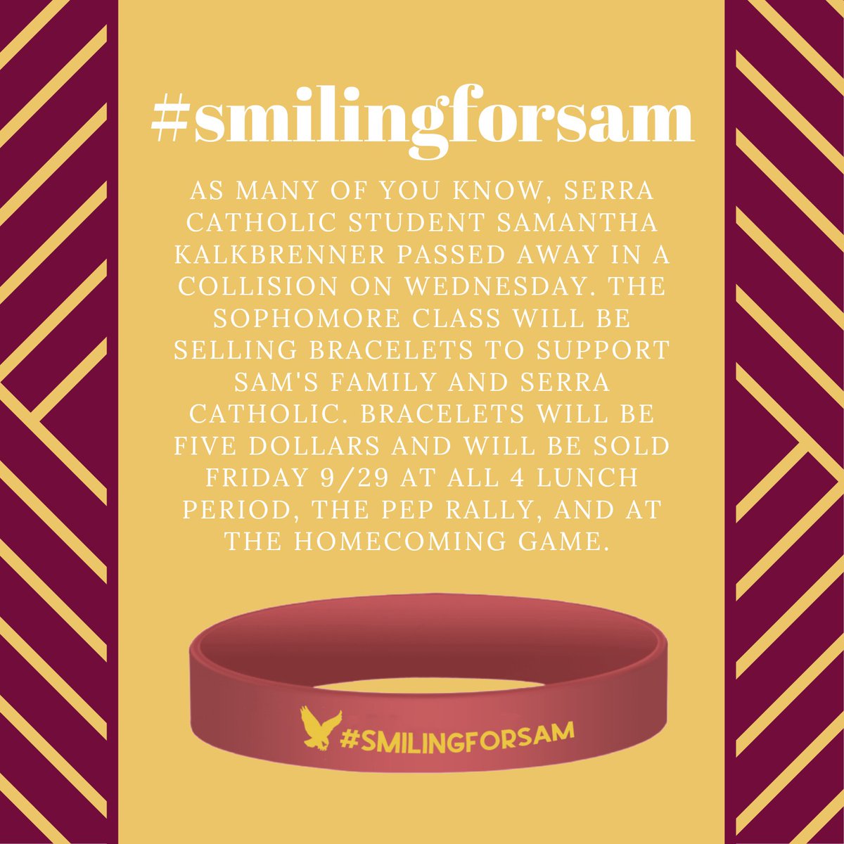 MarleeYoung13's tweet photo. @M_Routh68 @ABMilliren @RobertRaffaele Serra Catholic, EF is here for you 💛❤️🕊 #smilingforsam #cheeringforsam #efstrong #scstrong https://t.co/iFGHKIp7Gw
