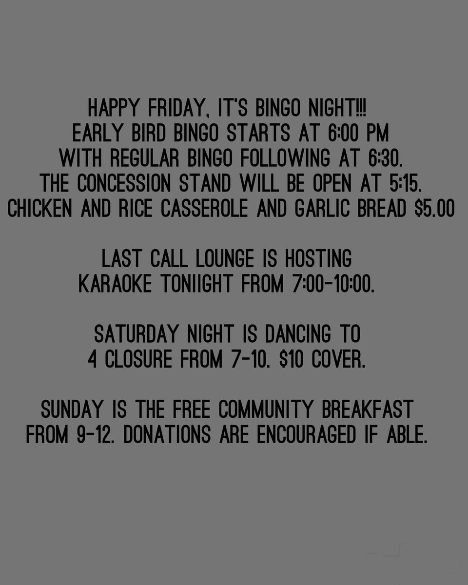 We made it to the weekend!! Plenty of events going on this weekend, we hope you can join us. 
 #karaoke #freebreakfast #supportlocal #cheapdrinks #opentothepublic #vfw1650 #livemusic #topekakansas #bingonight