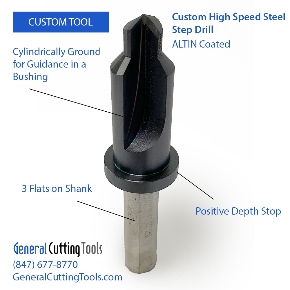 Need a Custom Tool? Check out this Custom High Speed Steel Step Drill we made. It is ALTIN Coated, Cylindrically Ground for Guidance in a Bushing, Has 3 Flats on Shank, &amp; a Positive Depth Stop. #HSS #CustomTool #ALTIN #manufacturers