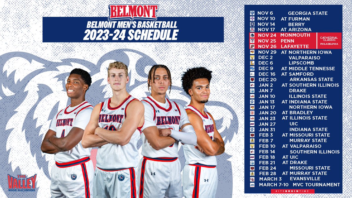 BelmontMBB's tweet photo. Full schedule is out! Mark your calendars 📅

📰🔗https://t.co/XmP5LAzMLj
🎟️https://t.co/XpnGd9sX0N

#ItsBruinTime https://t.co/STNg1qw0fy