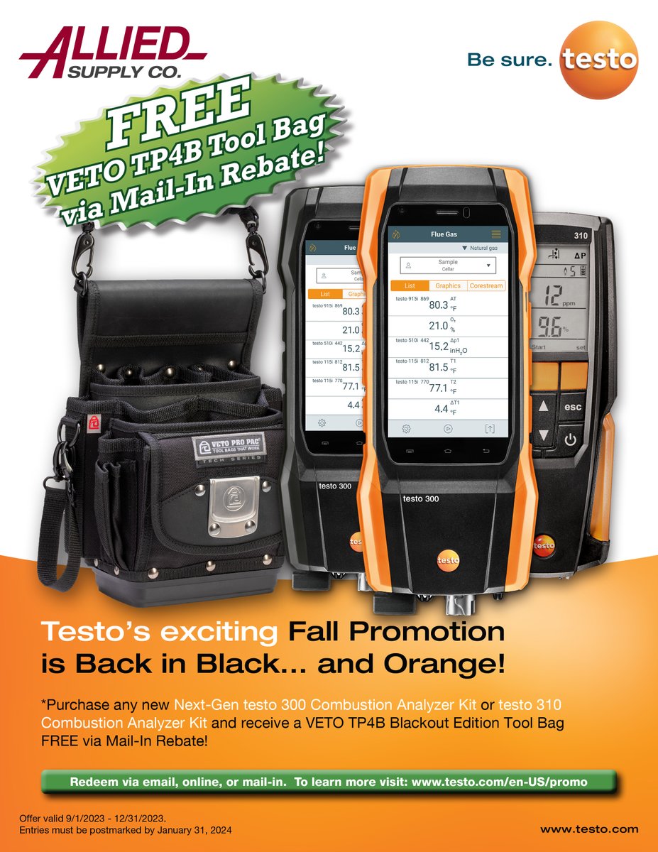 AlliedSupply's tweet image. Allied Supply testo Fall 2023 promo ~ Purchase any new testo #Combustion #Analyzer Kit and redeem for a #VETO TP4B Blackout Edition Tool Bag!

#AlliedSupply #testo #fallpromo