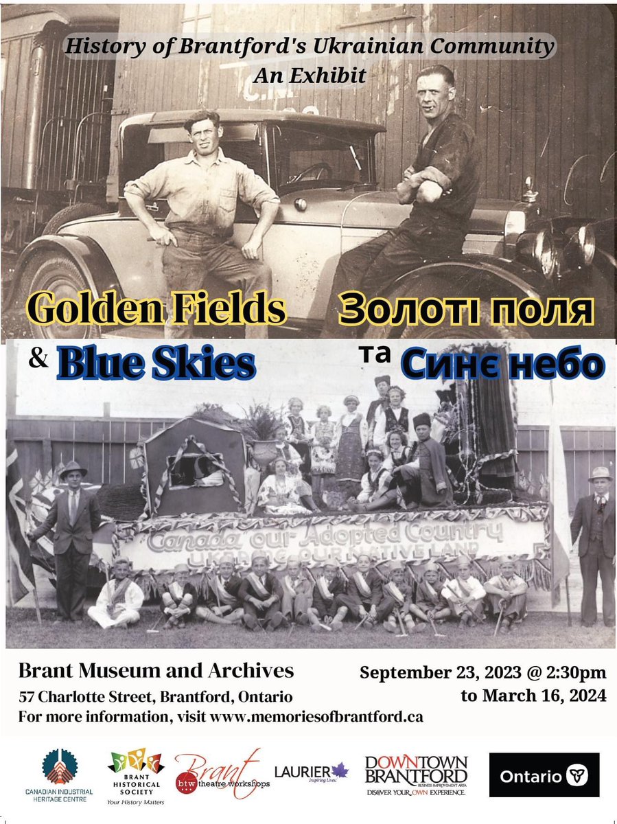Branthistorical's tweet photo. "Golden Fields and Blue Skies", the latest exhibit by the Immigrant Memories of Brantford Committee, opens tomorrow at 2:30pm at the Brant Museum and Archives. 

The full event schedule can be found here: https://t.co/8lzjMDy0Pw https://t.co/HJFPwUgR9L