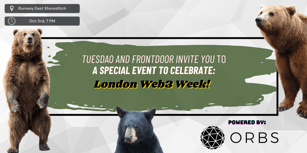 Zebu_live's tweet photo. Wine, Beers, Pizzas, Great Minds, Good Vibes, you know the drill when it comes to @TuesDAOeth 🤩

That's right, Special Tuesdao London Web3 Week sponsored by @orbs_network 🔥

Tuesday 7PM - See you there😉 https://t.co/Dd1ipocJOm