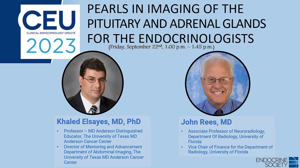 ElsayesKhaled's tweet image. Getting ready to speak to endocrinologist colleagues @TheEndoSociety together with Dr. John Rees to share our Pearls in Imaging of the #Pituitary and #Adrenal Glands for the Endocrinologist #CEU2023