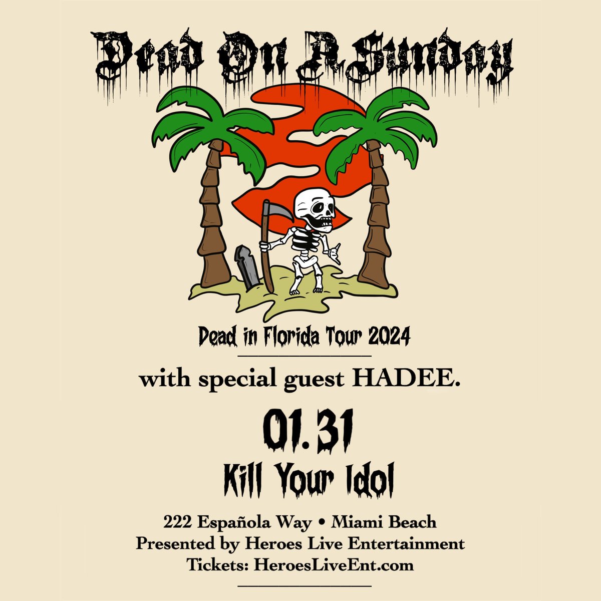 ON SALE NOW! 1/31 <a href="/deadonasunday/">Dead On A Sunday</a> "Dead In Florida Tour 2024" + <a href="/hadeedosani/">HADEE.</a>  at Kill Your Idol in Miami Beach TIX: deadonasunday.eventbrite.com⁣⁣⁣
#heroesliveent #deadonasunday #hadee #killyouridol #kyimiami #darkwave #emo #indie