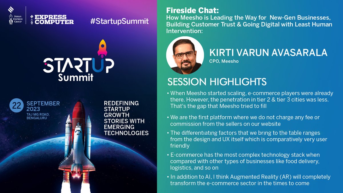 Fireside Chat Highlights: Kirti Varun Avasarala, Chief Product Officer, @Meesho_Official at the #StartupSummit | 22nd September 2023 | Bengaluru @srikrp @NivedanPrakash @Prabhasjha3110 @SandhyaMichu @H_Y_DESAI @AdarshSom