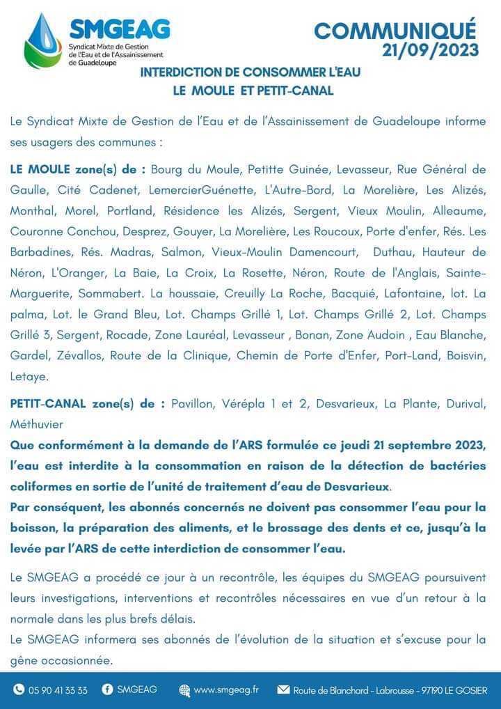 resca_media's tweet photo. 💧 #Guadeloupe : Suite à la détection de bactéries coliformes, l'eau est interdite à la consommation dans les communes du Moule et de Petit-Canal dans les quartiers ci-dessous : https://t.co/Onjn48DE85