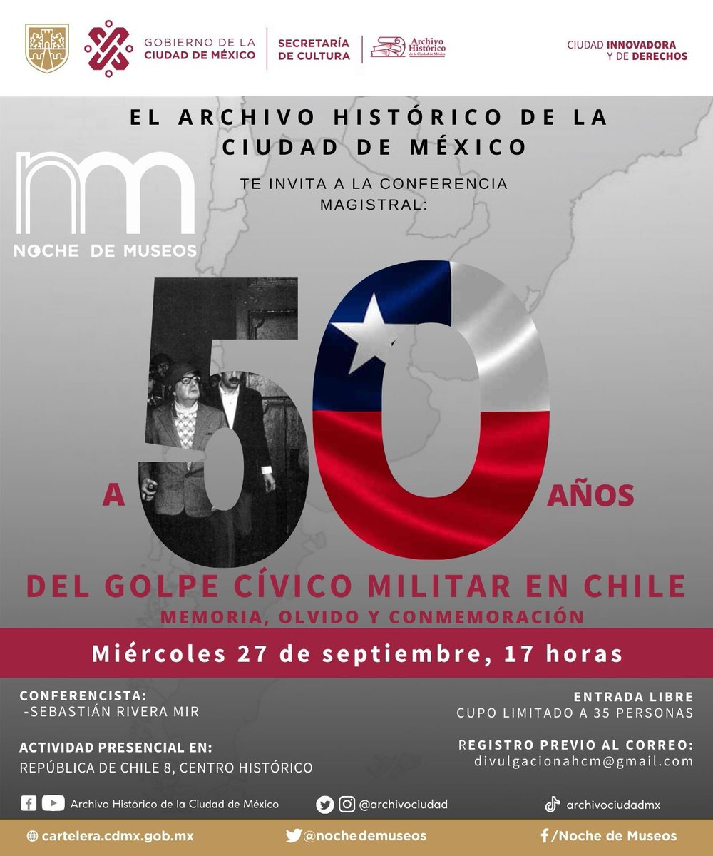 SebasRiveraMir's tweet image. &quot;La memoria obstinada&quot;, dijo alguien sobre nuestra capacidad de recordar el gobierno de Salvador Allende. Este miércoles en el @archivociudad conversaremos sobre el sentido de las conmemoraciones en torno a los #50AñosDelGolpe. 
No se lo pierdan 👇👇