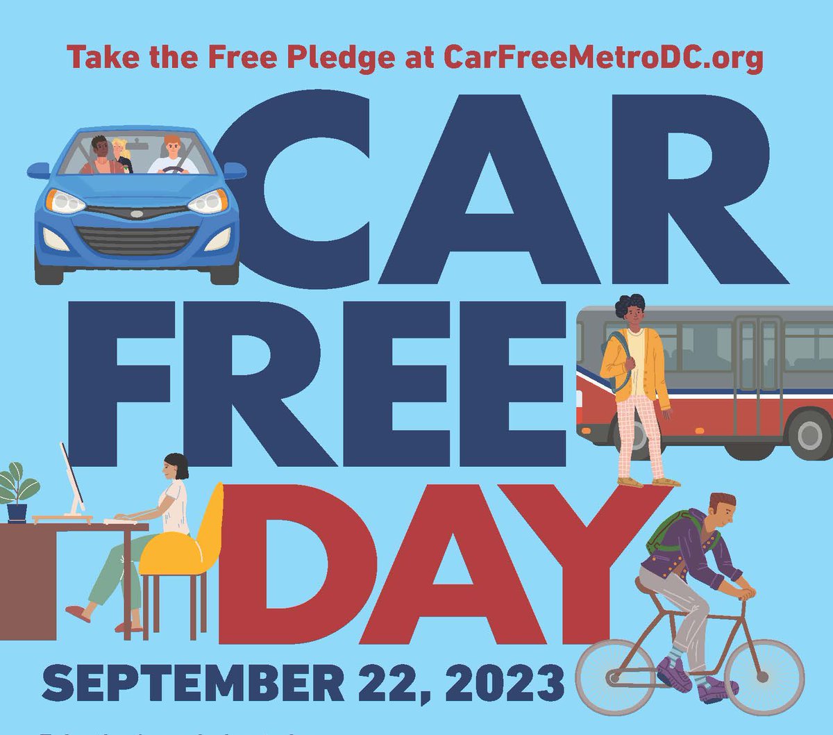 Happy #CarFreeDay! 🌍 

Join us in taking a step towards a cleaner, greener, and more vibrant DC by walking, biking, or taking public transit to get around.🚶🚴🚇

Going car-free is good for you and the environment!