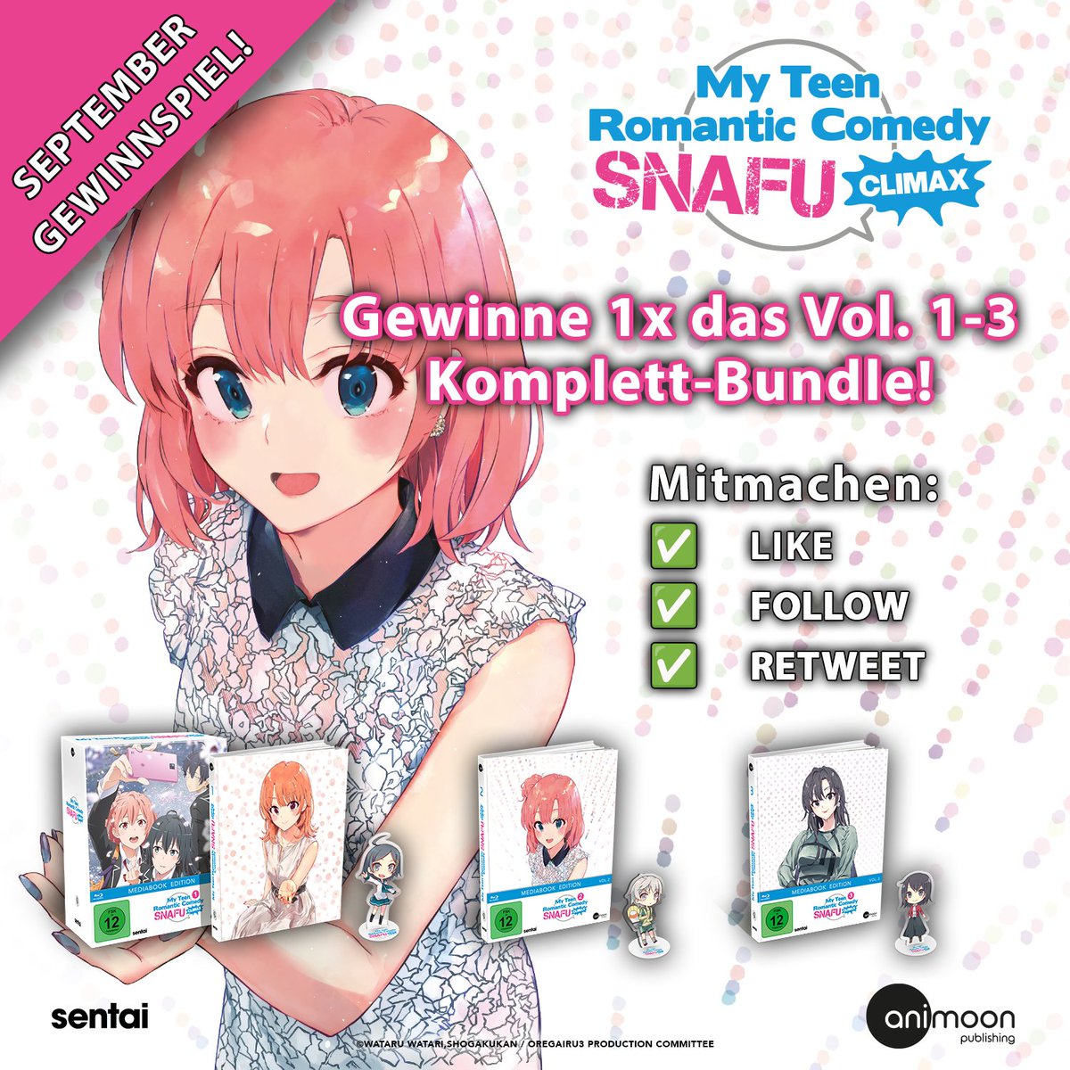 AniMoonAnime's tweet image. 🩷 SNAFU-GEWINNSPIEL 🩷 Gewinnt mit etwas Glück die herzzerreißende dritte Staffel MY TEEN ROMANTIC COMEDY SNAFU CLIMAX wahlweise auf Blu-ray oder DVD! 😍

So machst du mit:
✅ Like diesen Beitrag
✅ Folge uns
✅ Retweete diesen Beitrag (NEU!)