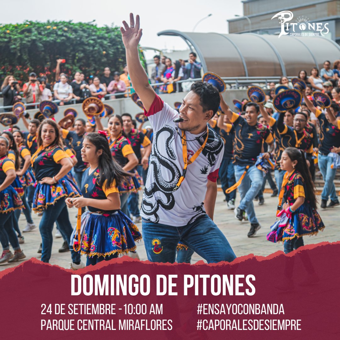caporalesiempre's tweet photo. DOMINGO DE PITONES
Se viene nuestro siempre querido ensayo #DomingoDePitones, esta vez en un escenario diferente, pues estaremos en el Parque central de Miraflores y con Banda 
📷 Domingo 24 de septiembre
📷10 AM
📷 Municipalidad de Miraflores, Cdra 2 de la Av Larco https://t.co/9Ex1zZ21rP
