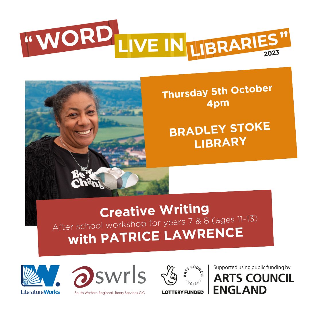 LitWorks's tweet photo. On Thursday 5 Oct @LawrencePatrice will run an after-school Creative Writing workshop for years 7 & 8 (ages 11-13) at Bradley Stoke Library! 🌟
Booking now - Pay what you can!
https://t.co/qo9MdZixxi
#WordLiveInLibraries @SWLRSInfo @Southgloslibs @mrbsemporium @storytalefest https://t.co/TIuVaSkaZk