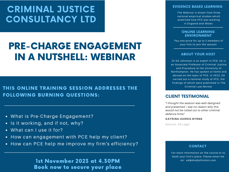 Defence Lawyers: Over the summer, I ran a number of webiners explaining how Pre-Charge Engagement works and how it could be beneficial for your firm and clients. I will be running another on the 1st November at 4.30. Drop me a DM for more details. Please RT