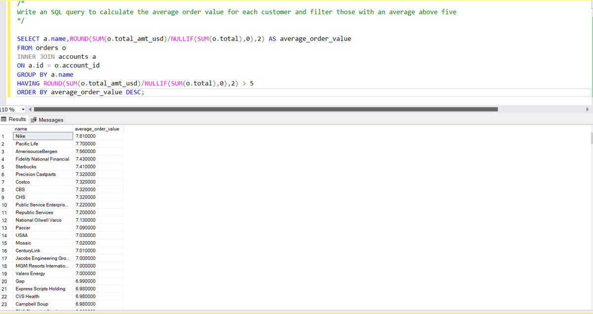 design_datanerd's tweet image. DAY 18: AGGREGTING WITH HAVING
I used the having clause in an SQL query to calculate the average order value for each customer and filtered them with an average above five.
#20dayswithdata #SQLHAVINGCLAUSE #DataAggregation