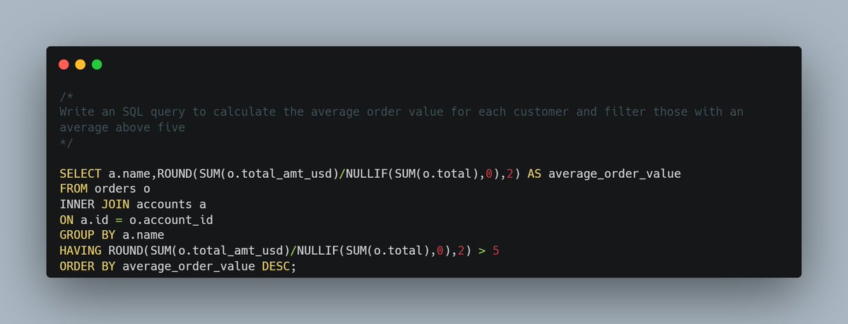 design_datanerd's tweet image. DAY 18: AGGREGTING WITH HAVING
I used the having clause in an SQL query to calculate the average order value for each customer and filtered them with an average above five.
#20dayswithdata #SQLHAVINGCLAUSE #DataAggregation