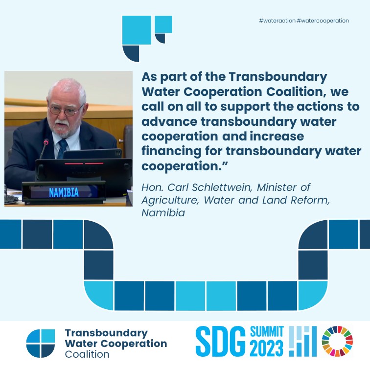 UNECE_Water's tweet photo. During the #MindTheGap - #InvestinWater launch at #SDGSummit, Hon. Carl Schlettwein @CHGSchlettwein 🇳🇦 made a strong call to advance #transboundary #water #cooperation &amp; increase financing for it. 🫧🌍💰

#UNGA78 @AipWater @NamibiaUN #SDG6 #GlobalGoals https://t.co/UvcLANbv3O