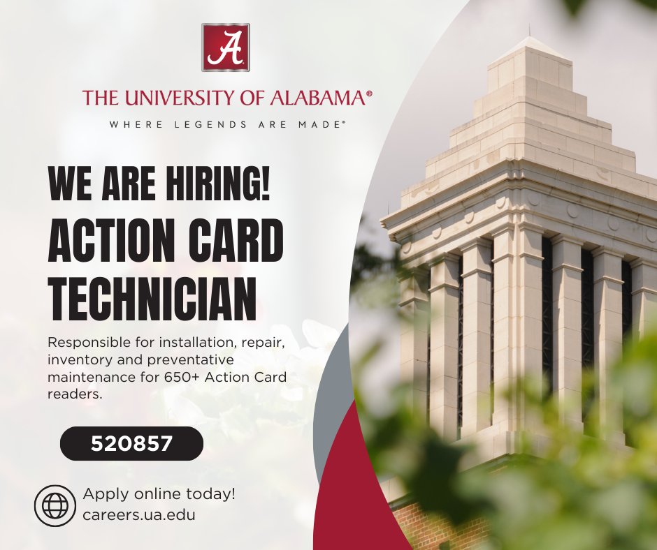 UAStaffJobs's tweet image. Now Hiring! The Action Card Technician is responsible for communications wiring and software setups.

For more information and to apply:
bit.ly/UAJobs520857

#UAJobs #rolltide #UA #NowHiring #Work4UA #jobs4vets