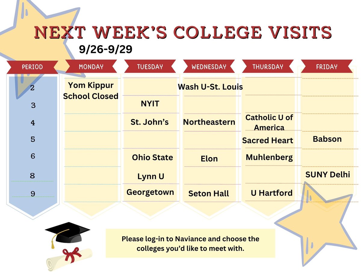 SENIORS! Here is the schedule for next week's college visits 🎓 New visits are entered in Naviance every day so don't forget to check often for the full schedule. <a href="/EastWillistonSD/">East Williston UFSD</a> <a href="/WheatleySchool/">The Wheatley School</a> @Wheatley