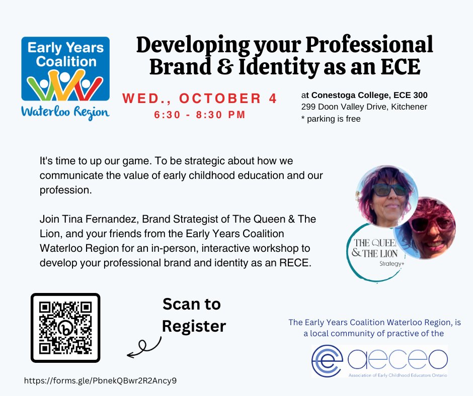 Developing Your Professional Brand & Identity as an ECE in-person workshop. 🗓 Wed., October 4, 🕡 6:30 - 8:30 pm 📍 NEW Location: Conestoga College, in ECE 300 📌 Register now at forms.gle/PbnekQBwr2R2An… #EarlyChildhoodEducation #ProfessionalDevelopment