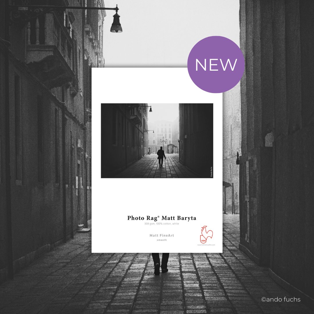 Meet the newest addition to the Hahnenmühle Photo Rag® family.
Hahnemühle Photo Rag® Matt Baryta - the first baryta paper with a matt finish.

308 gsm · 100% cotton · white