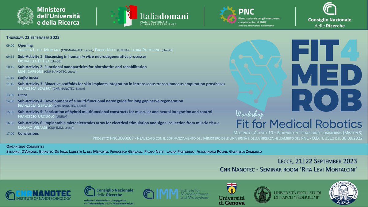 Cnr Nanotec (@cnrnanotec) on Twitter photo 📣 Oggi, al <a href="/CnrNanotec/">Cnr Nanotec</a> #Lecce, il meeting #Activity10: BIOHYBRID INTERFACES AND BIOMATERIALS (MISSION 3), progetto #FitForMedRob;
<a href="/mur_gov_/">Ministero dell'Università e della Ricerca</a> #PNC_PNRR
Coordinato da <a href="/CNRsocial_/">CNR Consiglio Nazionale delle Ricerche</a>, Activity10 coinvolge
<a href="/CnrNanotec/">Cnr Nanotec</a>, <a href="/IeiitC/">CNR-IEIIT</a>, #CnrIMM, <a href="/UniGenova/">Università di Genova</a>, <a href="/UninaIT/">Unina Federico II</a>, <a href="/CampusBioMedico/">UCBM</a> 📣 Oggi, al <a href="/CnrNanotec/">Cnr Nanotec</a> #Lecce, il meeting #Activity10: BIOHYBRID INTERFACES AND BIOMATERIALS (MISSION 3), progetto #FitForMedRob;
<a href="/mur_gov_/">Ministero dell'Università e della Ricerca</a> #PNC_PNRR
Coordinato da <a href="/CNRsocial_/">CNR Consiglio Nazionale delle Ricerche</a>, Activity10 coinvolge
<a href="/CnrNanotec/">Cnr Nanotec</a>, <a href="/IeiitC/">CNR-IEIIT</a>, #CnrIMM, <a href="/UniGenova/">Università di Genova</a>, <a href="/UninaIT/">Unina Federico II</a>, <a href="/CampusBioMedico/">UCBM</a>