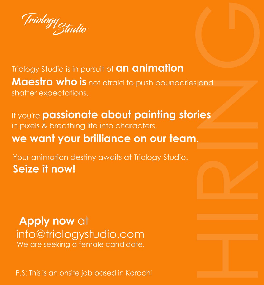 Do you have what it takes?

Apply Now at: info@triologystudio.com

#Hiring #FemaleAnimator #TriologyStudio