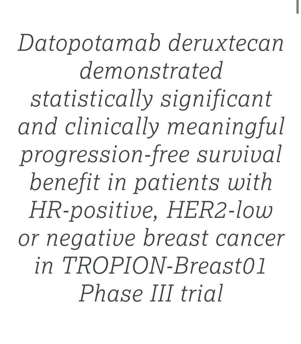 A new Trop2 ADC is about to become available for patients with HR+/HER2- MBC. In #TB01, datopotamab deruxtecan (Dato-DXd) improved PFS over chemotherapy, with a trend towards improved overall survival. All grade ILD rates seen in the trial were low. #bcsm astrazeneca.com/media-centre/p…