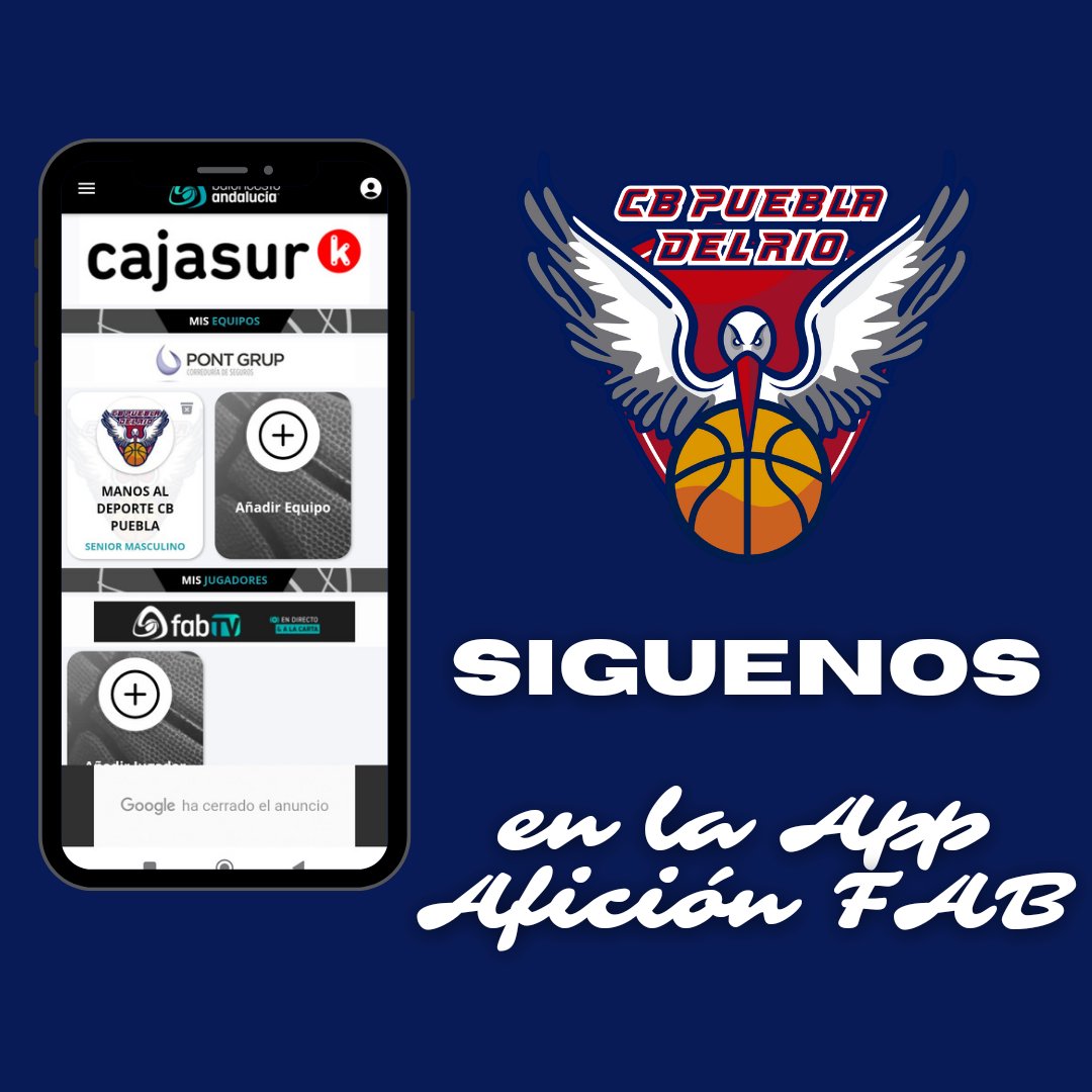 ¡Siguemos en la aplicación "Afición FAB"!

Debes seleccionar las siguientes opciones:

1. Añadir equipo
2. Delegación de Sevilla
3. Competición: 2° Senior Prov. Masc.
4. Categoría: Senior Masculino
5. Club: CB Puebla
6. Equipo: MANOS AL DEPORTE CB PUEBLA