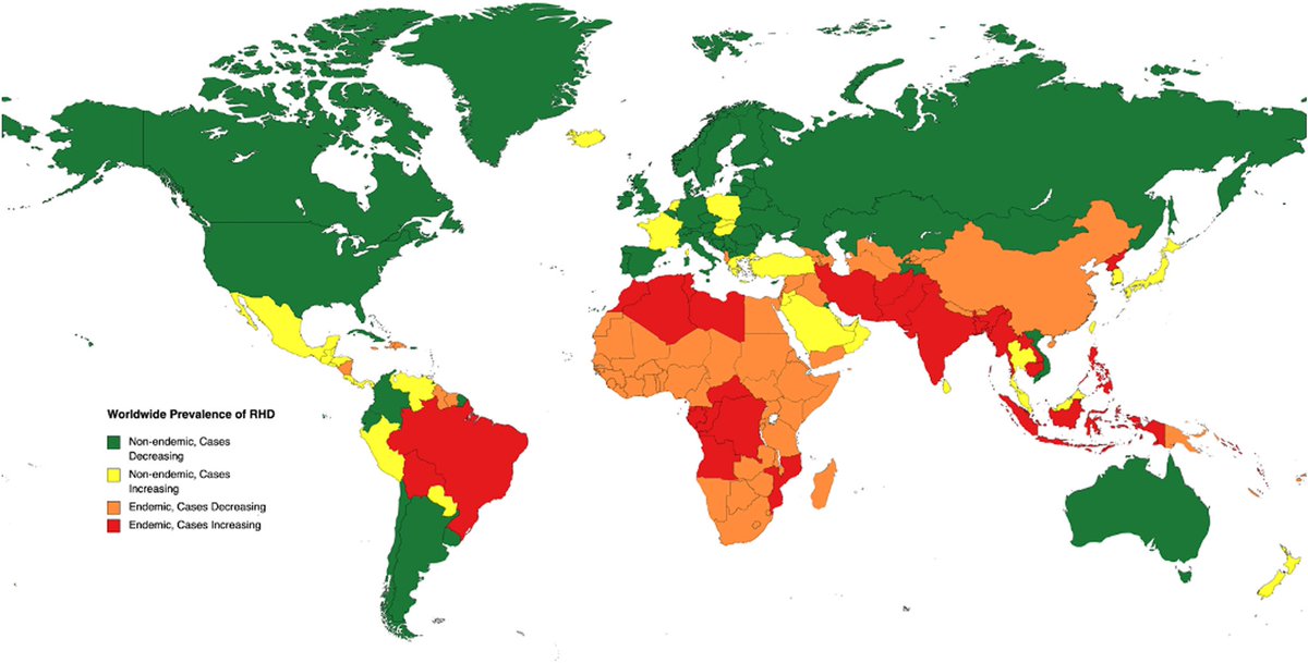 💥“Rheumatic Heart Disease in the Developing World“ just published in #StructuralHeart🫀Journal @crfshj structuralheartjournal.org/article/S2474-… 💥Red areas are endemic with cases increasing… 🇧🇷Brazil still in this situation…😢 @LATAM_LACES