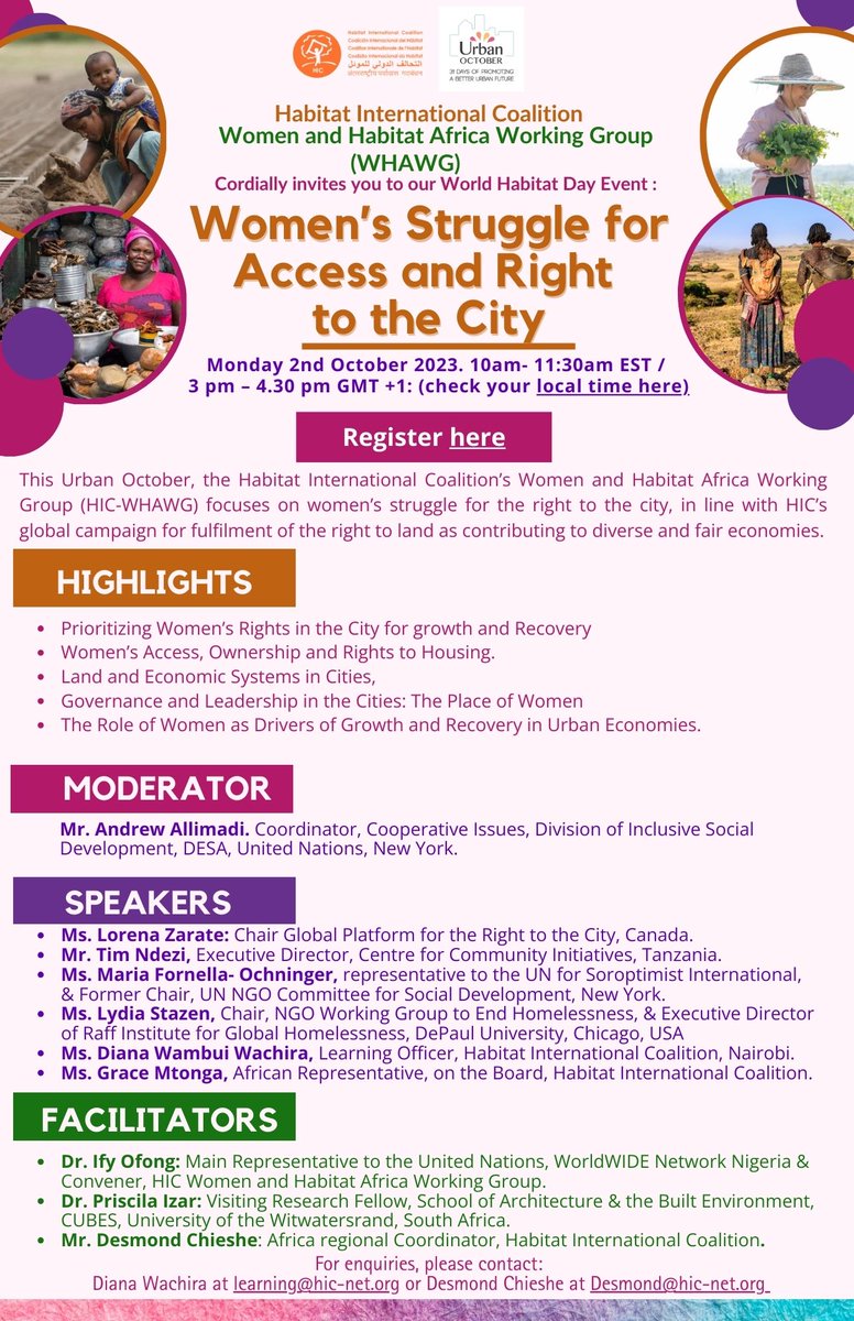 🌟Save the Date: The HIC Women and Habitat Africa Working Group (WHAWG) World Habitat Day Online Event Register for this session and join us for an online webinar to prioritize women's rights in the city for growth and recovery us06web.zoom.us/meeting/regist… #WHD2023 #UrbanOctober