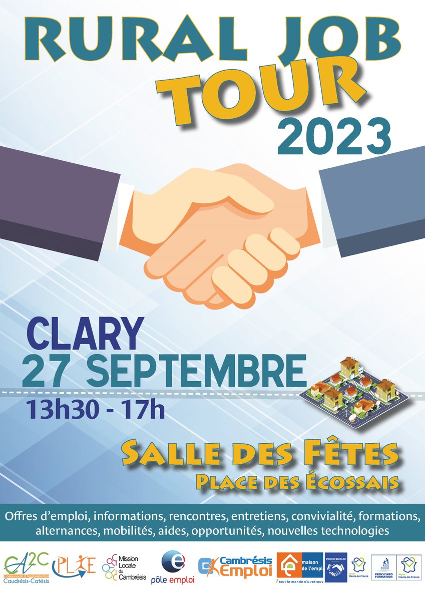 📍Le #RuralJobTour à la salle des fêtes de la Mairie de Clary, c'est le 27/09/23 de 13h30 à 17h00 !
📍Présence de Cambrésis Emploi et ses dispositifs, ainsi que les acteurs de l'emploi et de la formation du territoire.
📍Organisation : CA2C Communauté d'Agglomération du Caudrésis