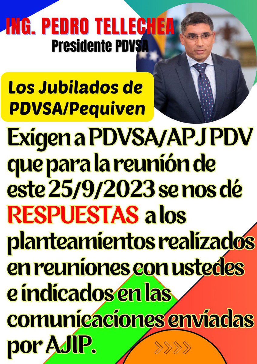 <a href="/TellecheaRuiz/">Rafael Tellechea</a> <a href="/rafaellacava10/">Rafael Lacava</a> Los Jubilados <a href="/PDVSA/">PDVSA</a> /Pequiven 
Esperan que en la reunión agendada para este 25/09/2023 puedan finalmente tener respuestas positivas a los planteamientos hechos desde hace varios meses atrás.

#22Sep #PDVSA #FDP