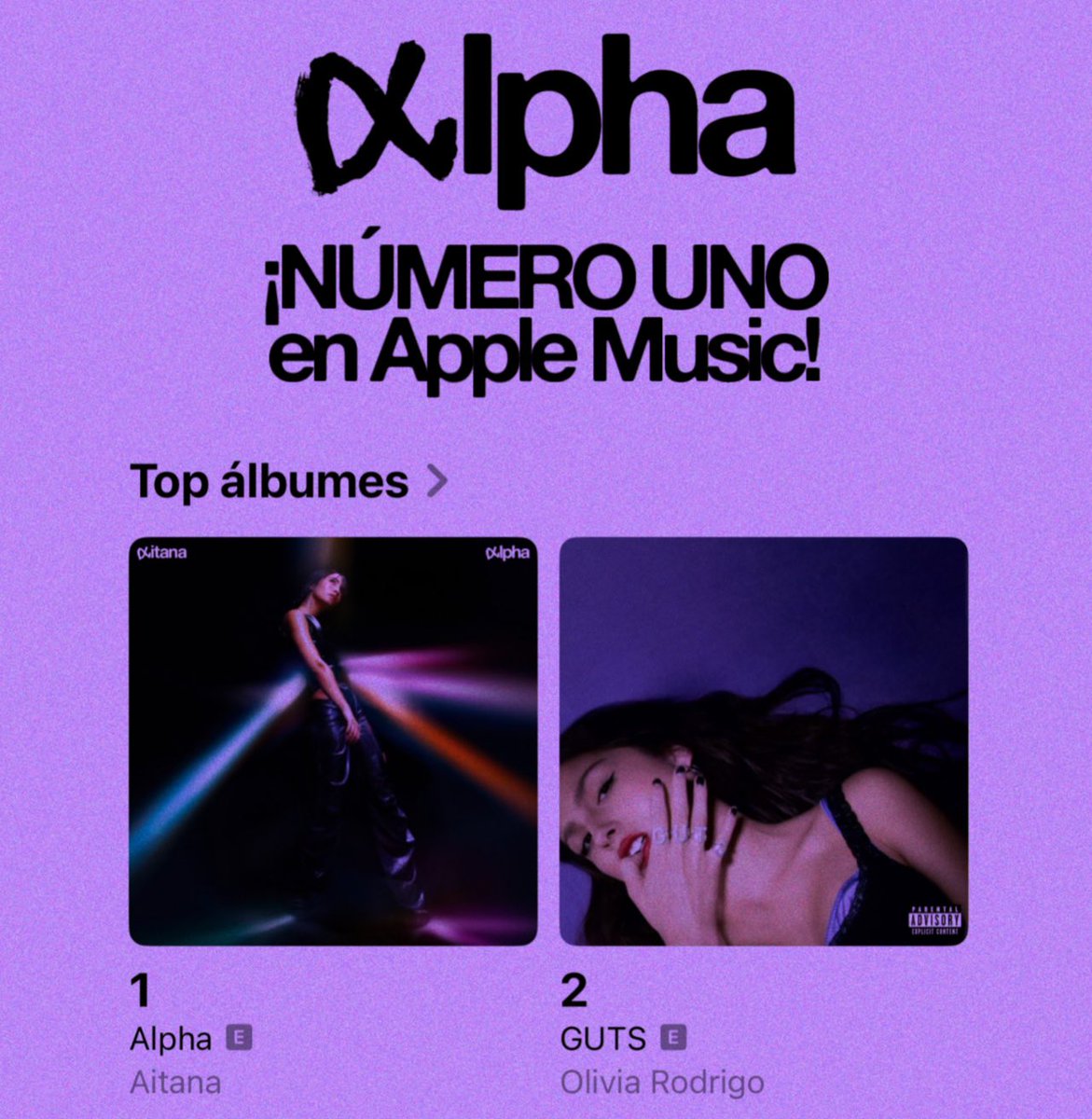 NewsAitana's tweet photo. El recién estrenado álbum de @Aitanax es NÚMERO UNO de @AppleMusic en España. ¡#alpha logra ser el álbum más reproducido de la plataforma! 🥹🔥 https://t.co/o6EPr72X1w https://t.co/F7Ur440fUS