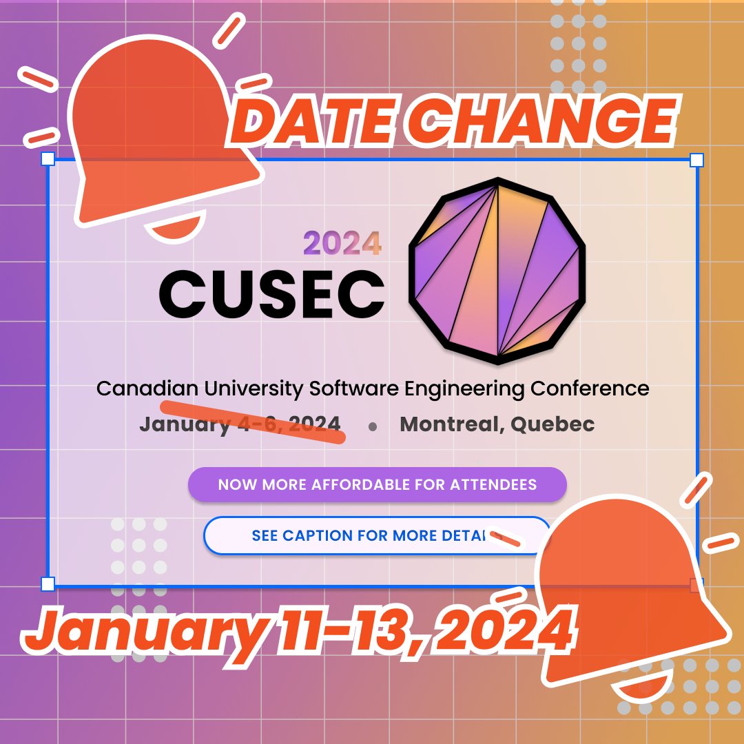 cusec's tweet image. 🗓️ New Conference Dates Alert! 🗓️
💰 We&apos;re switching things up to ensure a conference experience that&apos;s enjoyable and budget-friendly for everyone. ✈️ 
----
🗓️ Nouvelles Dates de la Conférence à l&apos;Horizon! 🗓️
#cusec #SoftwareEngineering #conference #Montreal #tech