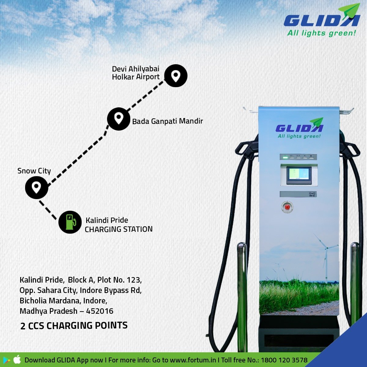 @GlidaIndia is committed to empowering EV users through a robust public #charginginfrastructure. Our latest #chargingstation in Indore, Madhya Pradesh, is now open! Share a photo of your #EVcharging at our new launch for a chance to be featured on #GLIDA's social media channels