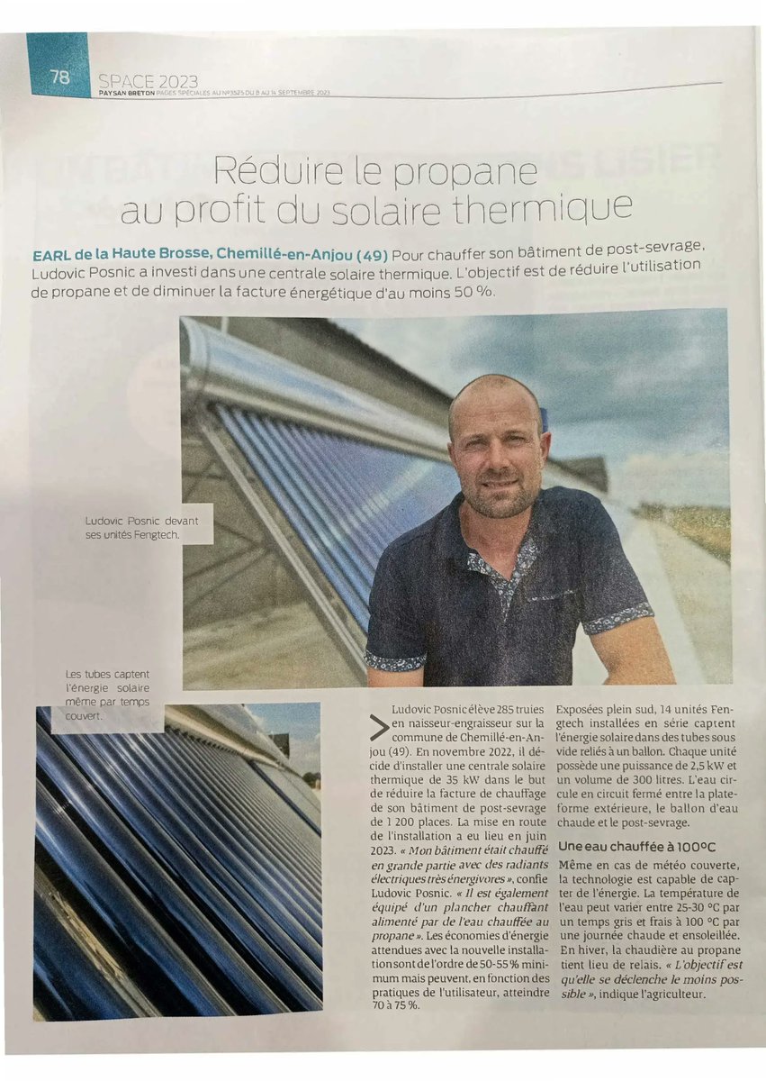 EARL de la Haute Brosse, Chemillé-en-Anjou (49) To heat his post-weaning building, Ludovic Posnic invested in a solar thermal power plant. The goal is to reduce propane⛽ use and reduce energy bills ⚡💶 by at least 50%. 

Read more buff.ly/3t23ut7