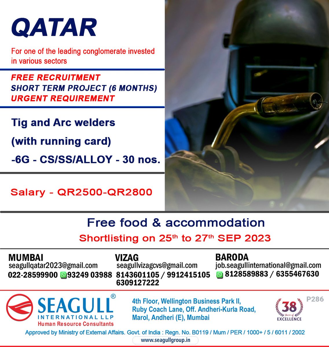 hrd1_seagull's tweet photo. 🇶🇦Qatar Jobs
‼️Free Recruitment - Urgent Requirement
✔️Short Term Project
🗓️Shortlisting On 25th To 27th September 2023
📍Location- Mumbai , Vizag , Baroda
.
.
.
#qatarjobs #seagull #mumbaijobs #vizagjobs #barodajobs #tigwelders #arcwelders https://t.co/hWcXQdqrRK