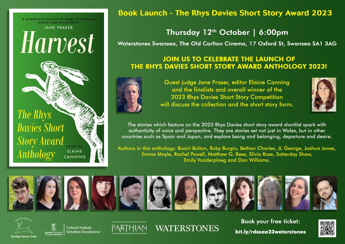 🚨 HAVE YOU GOT YOUR FREE TICKET? 🚨 We'll be launching this year's brilliant 2023 Rhys Davies Short Story Award anthology, 'Harvest' (@parthianbooks), on Thursday 12th October at 6pm at @swanseastones 📚 🎟️ FREE tickets are available here: bit.ly/rdssaa23waters…