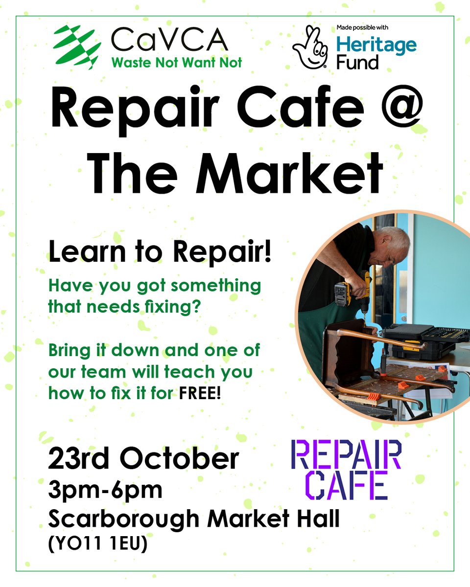 Learn to Repair with our Repair Cafe!

Have you got something that needs fixing? Bring it down and one of our team will help you fix it for FREE!

23rd October
3pm-6pm
<a href="/Sboromarket/">Scarborough Market Hall & Vaults</a>
(YO11 1EU)

<a href="/HeritageFundUK/">The National Lottery Heritage Fund</a>