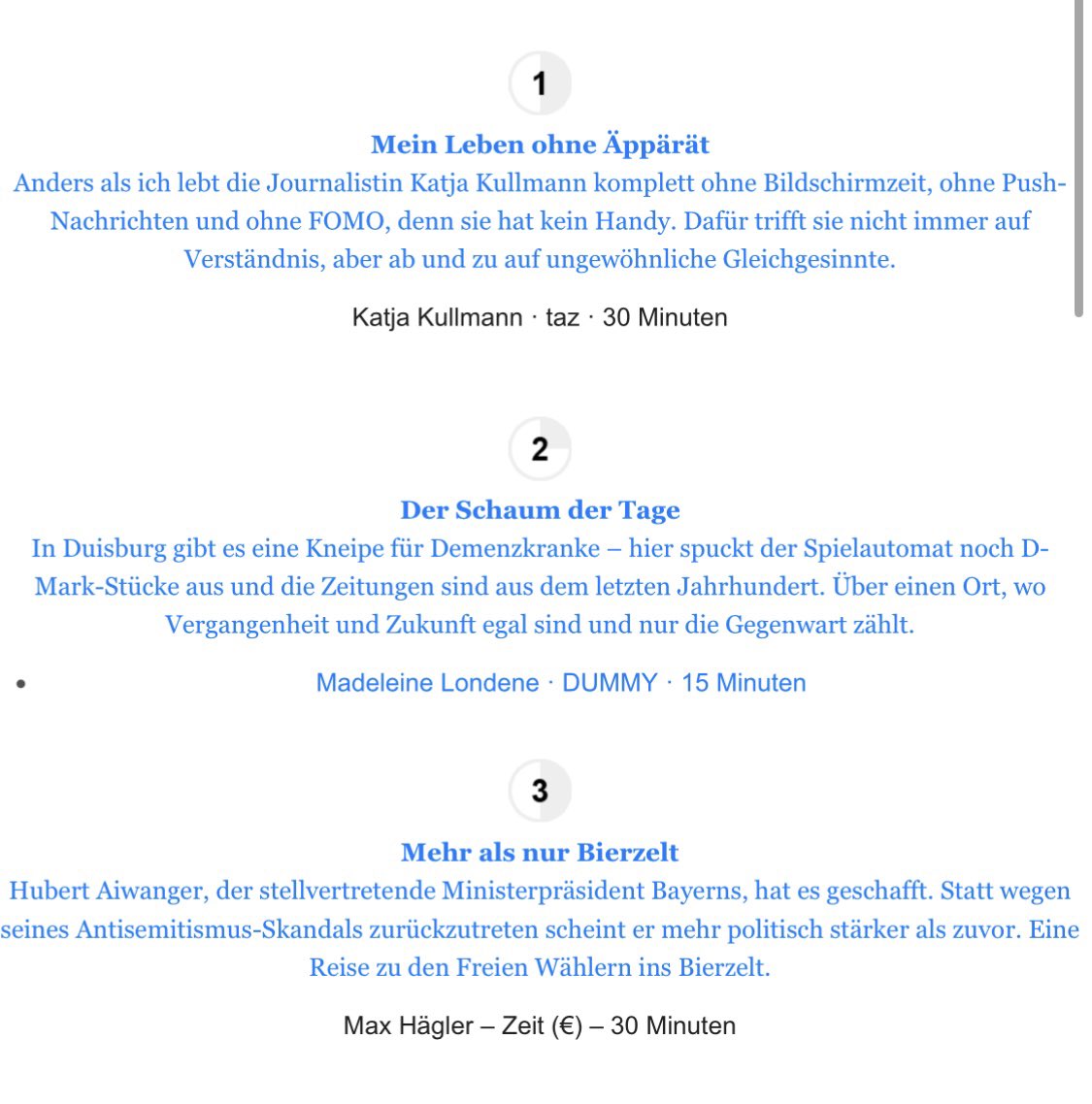Juhu! Mein Text über eine Demenzkneipe in Duisburg wird diese Woche von <a href="/ReportagenFM/">Reportagen.fm</a> empfohlen. Und das, neben so tollen anderen Geschichten! Danke <a href="/HenrikWSchtz/">Henrik Schütz</a>