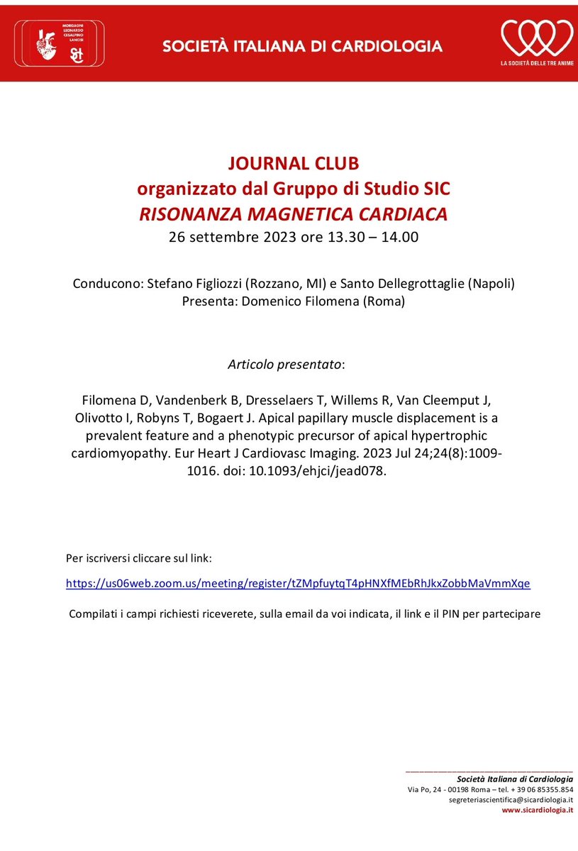 Stefano Figliozzi (@figliozzis) on Twitter photo 🔊
Primo Journal Club
#whyCMR <a href="/SIC_CARDIOLOGIA/">SIC Società Italiana di Cardiologia</a>
Martedì 26 09 2023
13:30 - 14:00
Presenta: @DomenicoFilome2
Iscrizioni al link
us06web.zoom.us/meeting/regist… 🔊
Primo Journal Club
#whyCMR <a href="/SIC_CARDIOLOGIA/">SIC Società Italiana di Cardiologia</a>
Martedì 26 09 2023
13:30 - 14:00
Presenta: @DomenicoFilome2
Iscrizioni al link
us06web.zoom.us/meeting/regist…