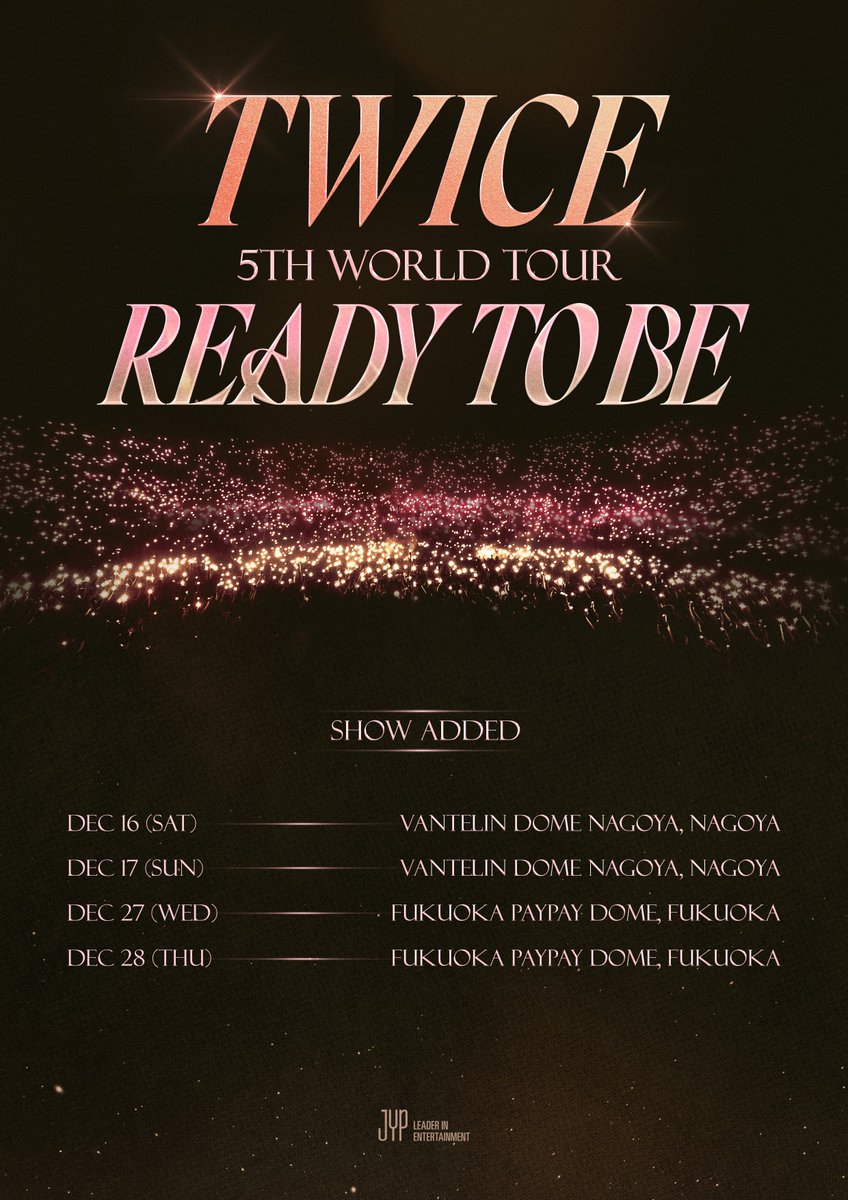 『TWICE 5TH WORLD TOUR ‘READY TO BE’ in JAPAN』
ticket board会員2次先行受付開始🎤🎶

🍭12/16(土)・17(日) バンテリンドーム ナゴヤ
🍭12/27(水)・28(木) 福岡PayPayドーム

📅申込期間：～10/8(日)23:59まで

💛お申込はコチラ💛
ticket.tickebo.jp/show/event.htm…

#TWICE
#TWICE_5TH_WORLD_TOUR